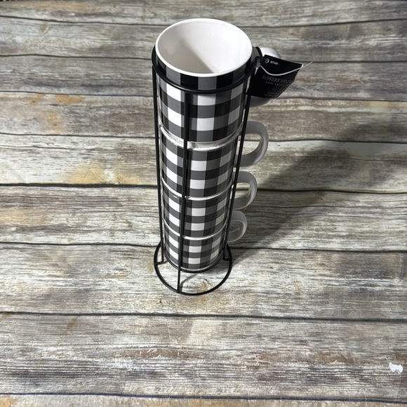 Robert Stanley 4 Stackable Checkered Style Mugs w/Storage Rack - Picture 3 of 3